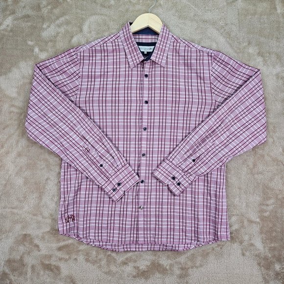 John Lennon Button-Down Oxford Shirt Pink Plaid Embroidered Long Sleeve Men's XL - Picture 1 of 11